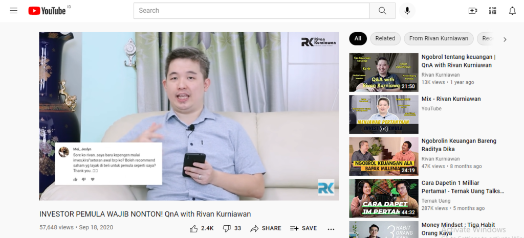 Channel YouTube Rivan Kurniawan, membahas QnA tentang belajar saham untuk investor pemula