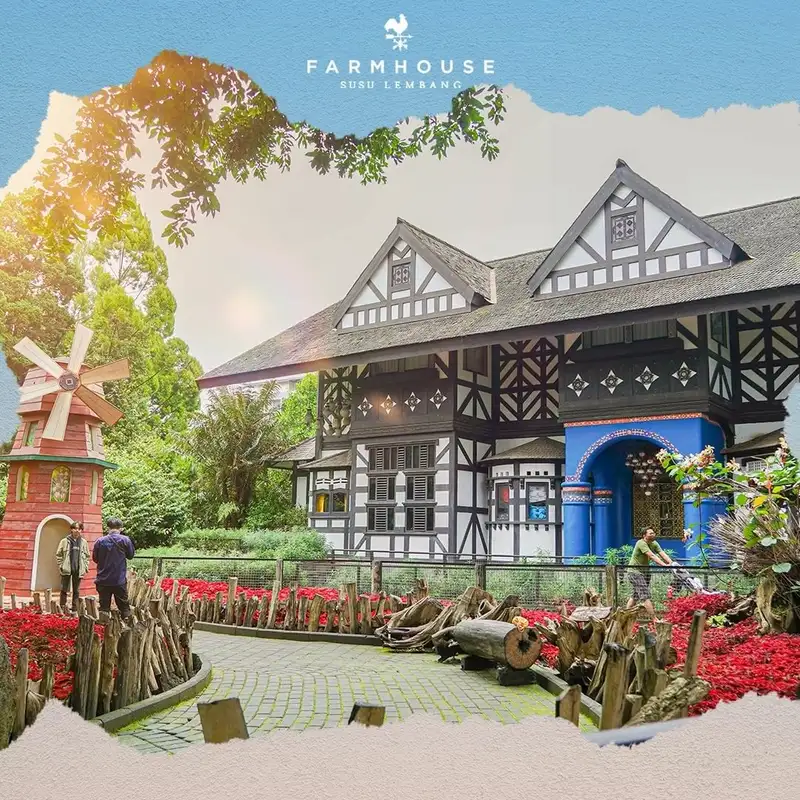 Rumah bergaya Belanda di Farmhouse Susu Lembang dengan taman bunga yang indah.