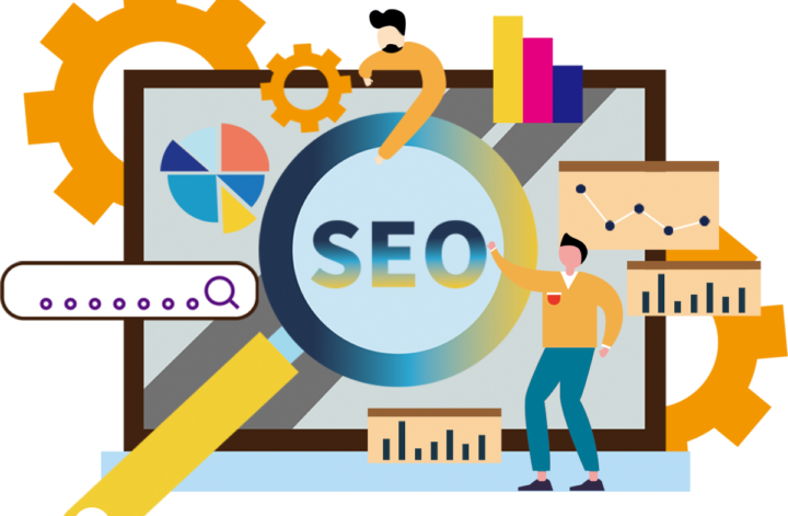 Ilustrasi strategi SEO dengan mesin pencari dan alat-alat analitik untuk meningkatkan visibilitas website