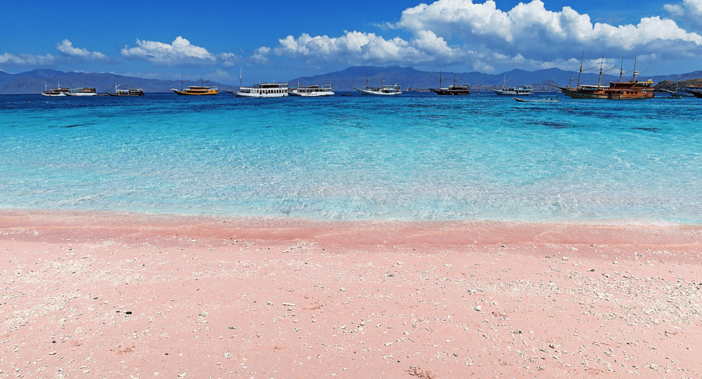 Pasir berwarna pink yang unik di Pantai Pink, dengan air laut yang jernih dan ombak tenang. 