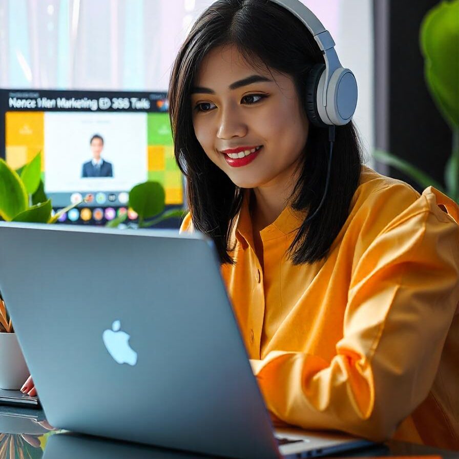 A female Indonesian fresh graduate with shoulder-length black hair, wearing headphones, sits in front of a laptop, immersed in a digital marketing online course. The screen displays a live webinar interface. The setting includes vibrant indoor plants and colorful stationery.