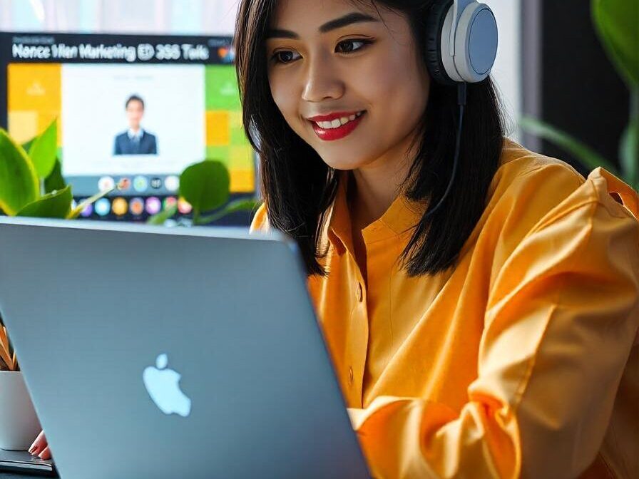 A female Indonesian fresh graduate with shoulder-length black hair, wearing headphones, sits in front of a laptop, immersed in a digital marketing online course. The screen displays a live webinar interface. The setting includes vibrant indoor plants and colorful stationery.