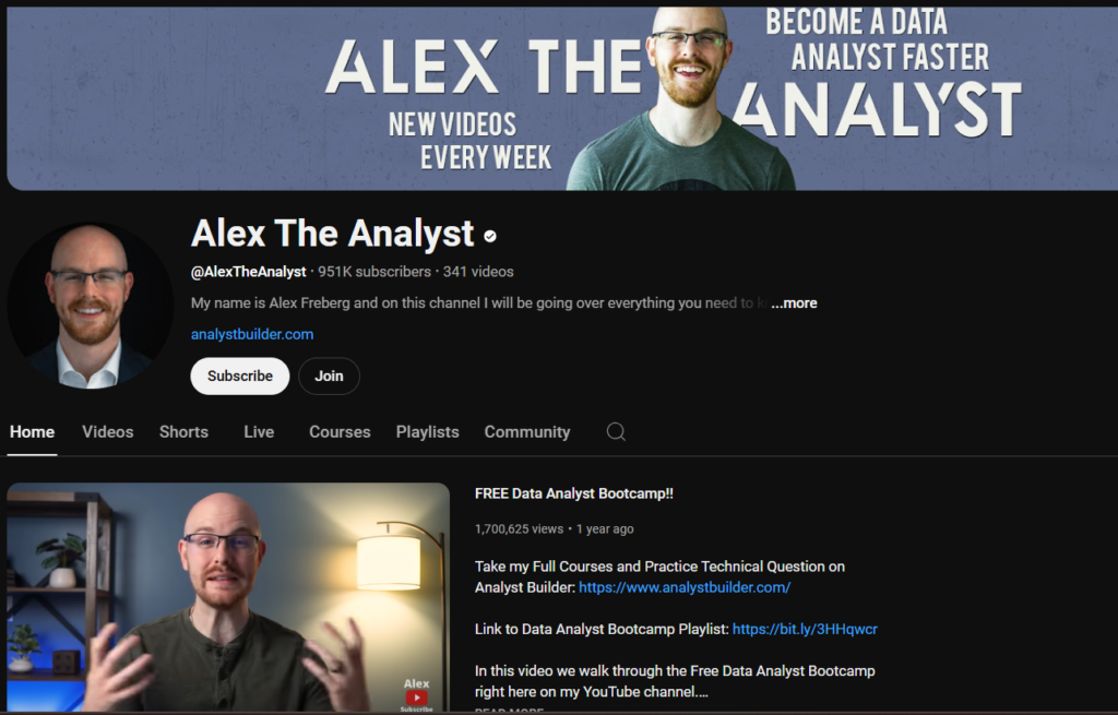 Gambar menampilkan YouTube Channel Alex The Analyst, Free Data Analyst Boothcamp.