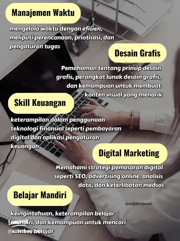 Gambar mengenai contoh skill yang relevan untuk tujuan karier di era digital, yaitu manajemen waktu, desain grafis, skill keuangan, digital marketing, dan belajar mandiri.