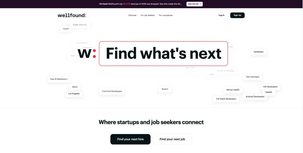 Halaman utama Wellfound job board startup & remote job