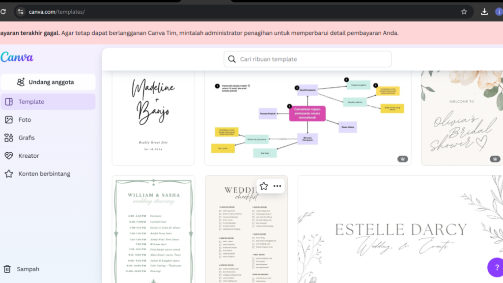 Canva, tools desain grafis populer dengan beragam template undangan, poster, dan mind map.