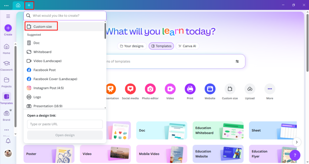 klik custom size untuk membuat halaman edit custom di canva cara membuat twibbon di canva