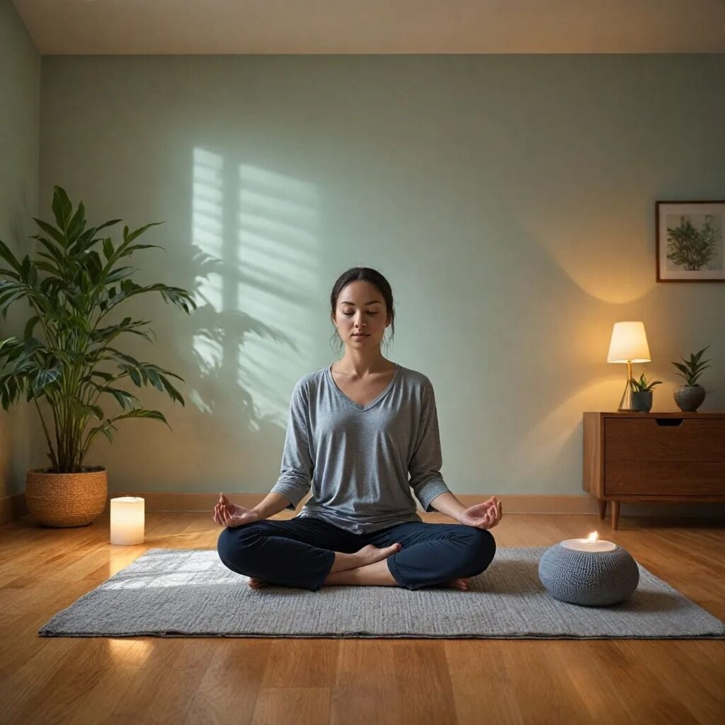 wanita yang sedang melakukan meditasi di rumah