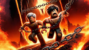 Ilustrasi game Roblox Chained Together, dua karakter terikat rantai bekerja sama melewati lava